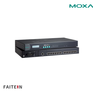 MOXA NPort 5650-16 16-port RS-232/422/485 rackmount device server with RJ45 connectors and 100 to 240 VAC power input