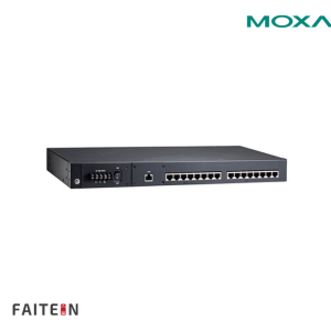 MOXA NPort 5650-16 16-port RS-232/422/485 rackmount device server with RJ45 connectors and 100 to 240 VAC power input