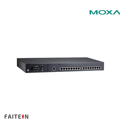 MOXA NPort 5650-16 16-port RS-232/422/485 rackmount device server with RJ45 connectors and 100 to 240 VAC power input