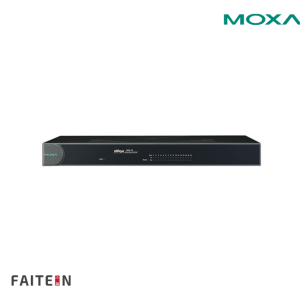 MOXA NPort 5650-16 16-port RS-232/422/485 rackmount device server with RJ45 connectors and 100 to 240 VAC power input