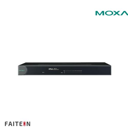 MOXA NPort 5650-16 16-port RS-232/422/485 rackmount device server with RJ45 connectors and 100 to 240 VAC power input