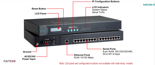 MOXA NPort 5650-16 16-port RS-232/422/485 rackmount device server with RJ45 connectors and 100 to 240 VAC power input